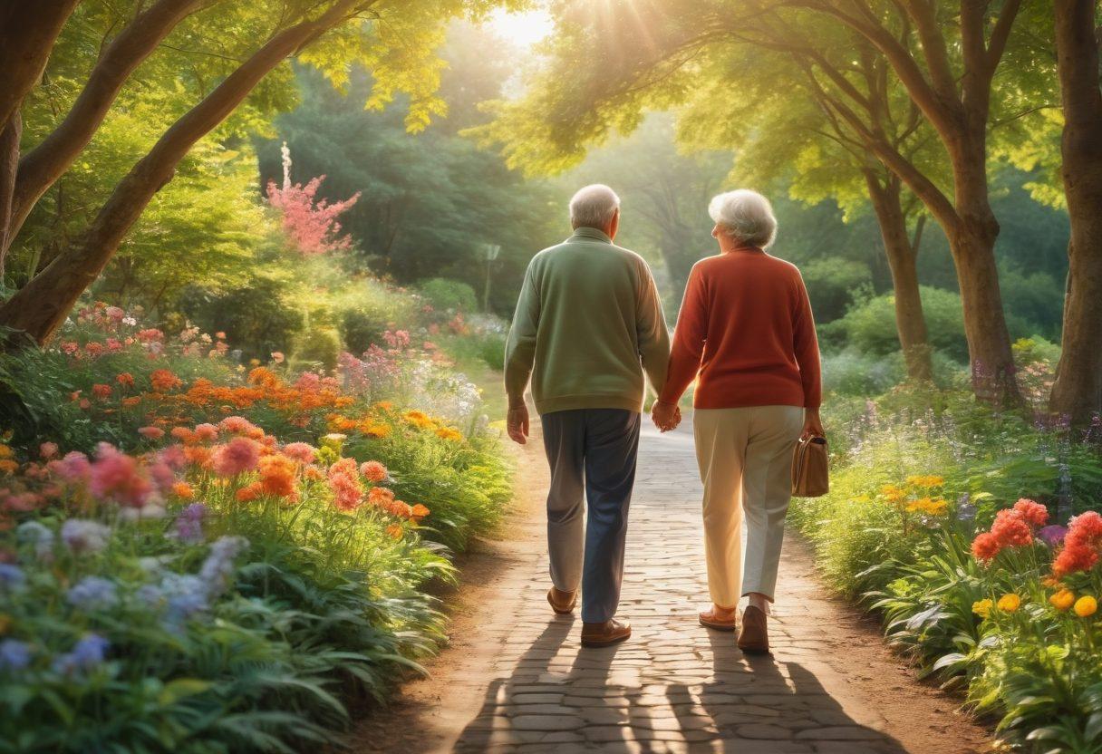 An elderly couple joyfully walking hand in hand along a scenic path surrounded by lush greenery, vibrant flowers, and colorful trees, symbolizing vitality and adventure in retirement. In the background, suggestive icons of various fulfilling activities like painting, gardening, and traveling are subtly included, creating an inviting and inspiring atmosphere. super-realistic. vibrant colors. warm sunlight.
