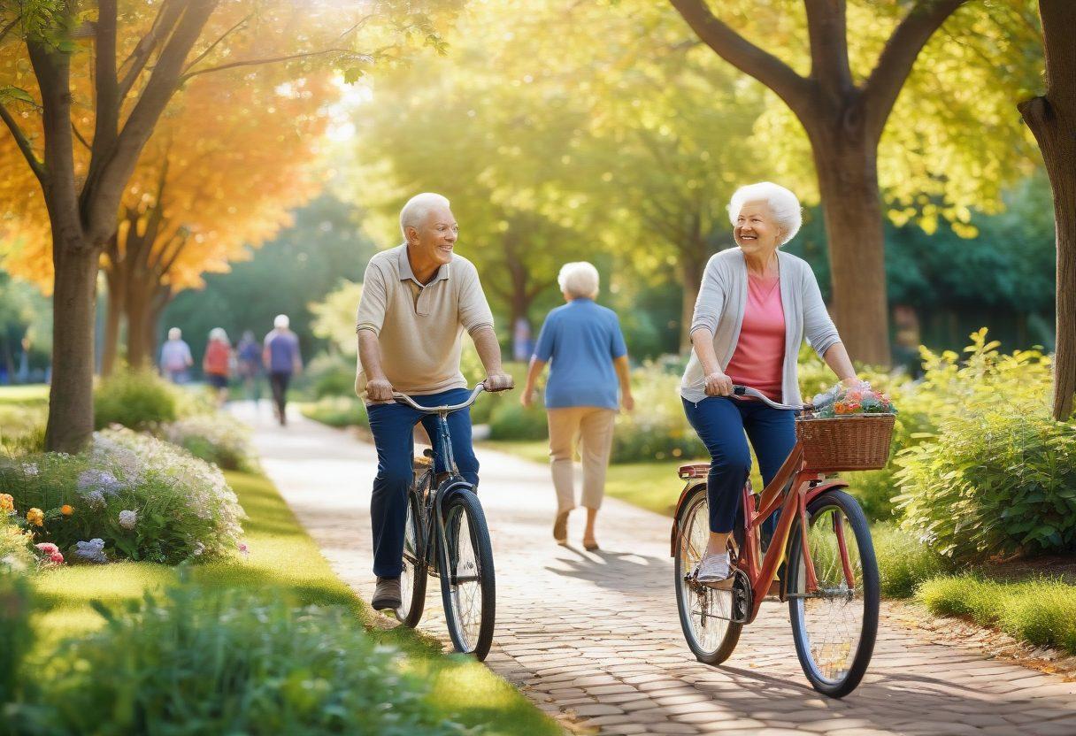 A warm, inviting scene of an elderly couple gardening together in a vibrant community park, surrounded by diverse, happy neighbors engaging in various activities like walking dogs, cycling, and enjoying a picnic. The background features age-friendly amenities such as benches, walking paths, and accessible trees. Soft sunlight filters through the leaves, creating a serene atmosphere. super-realistic. vibrant colors. warm tones.