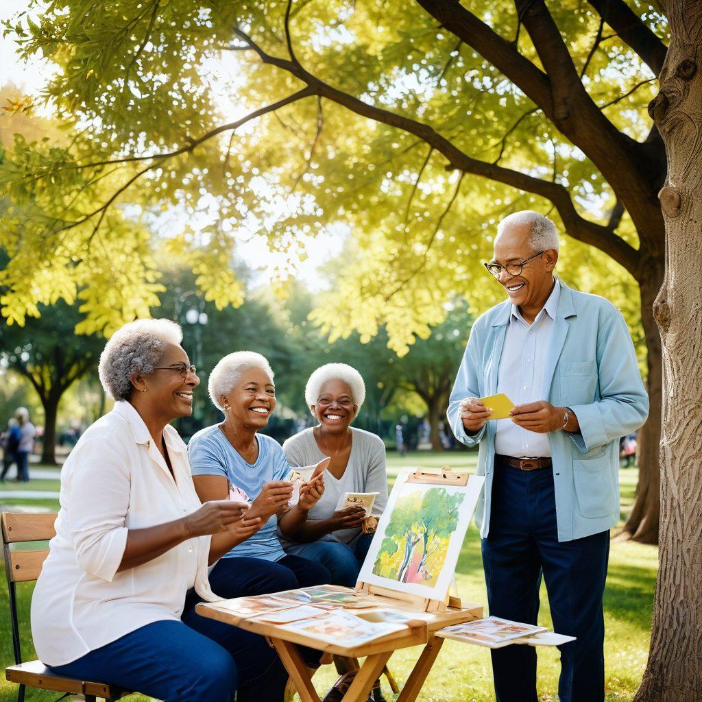 A warm, inviting scene of a diverse group of seniors enjoying various activities in a lush park, showcasing laughter and connection. One couple is painting on an easel, while another trio plays cards under a blooming tree, infused with golden sunlight. Subtle hints of community resources like a library and fitness corner in the background promote an active lifestyle. The atmosphere should radiate joy, vitality, and a sense of belonging. soft focus, vibrant colors, painting.